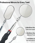 Pro Grade Telescoping Inspection Mirror With Rotating Head And Clip On Extendable Handle For Mechanics Auto Marine And Dental Use Durable Lightweight Mirror Set With 2.05 Inch Round 1.18 Inch Round And 1.02 By 1.97 Inch Oval Heads showing three mirror sizes.