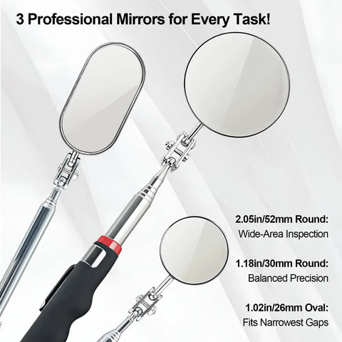 Pro Grade Telescoping Inspection Mirror With Rotating Head And Clip On Extendable Handle For Mechanics Auto Marine And Dental Use Durable Lightweight Mirror Set With 2.05 Inch Round 1.18 Inch Round And 1.02 By 1.97 Inch Oval Heads showing three mirror sizes.