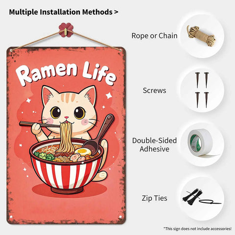 Funny Cat Eating Ramen Metal Sign Vintage Tin Wall Art 8x12 Inch Poster For Home Office Garage Decor Rustic Studio Charm Perfect Gift For Cat Lovers Easy Mount For Quick Installation