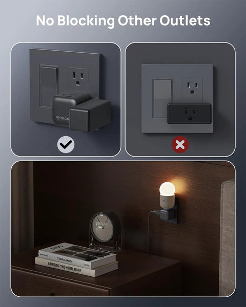 Three Outlet Power Extender With Two USB Chargers For Travel And Home Office, Easy Access Sideways Plug Adapter shown in use