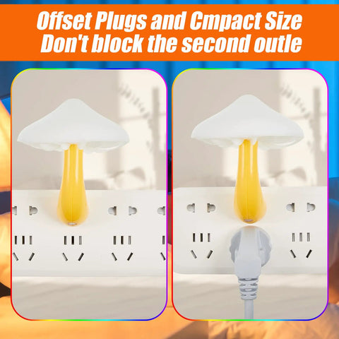 Dual mushroom night lights plugged in, showcasing compact design of Eight Piece Mushroom Night Light Set With Seven Color Changing LED Lamps.