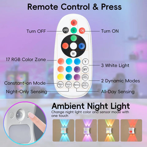 Remote for Motion Sensor Light Indoor with Remote, Rechargeable Wireless LED Sconce showing RGB color options and modes.
