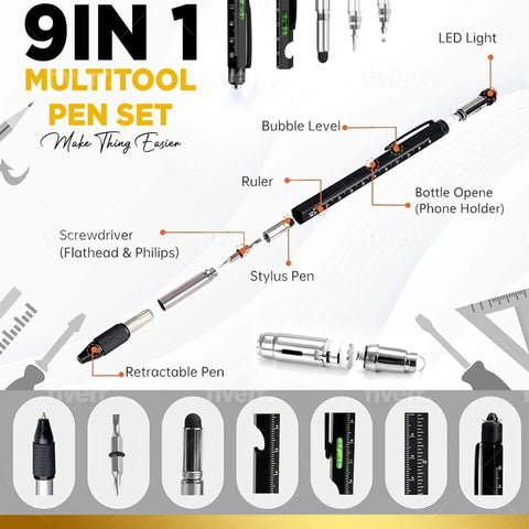 Nine In One Multitool Pen Set with LED light, stylus, ruler, screwdrivers, sleek aluminum design; ideal gadget for men.