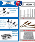 Comparison of 500 Piece Black Pop Rivet Kit With 14 SAE Aluminum Blind Rivets versus other kits, highlighting quality and packaging differences.