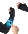 Person wearing Arm Sleeves With Thumb Hole For Men And Women Cut Resistant Protective Sleeve, demonstrating cut resistance with knife.