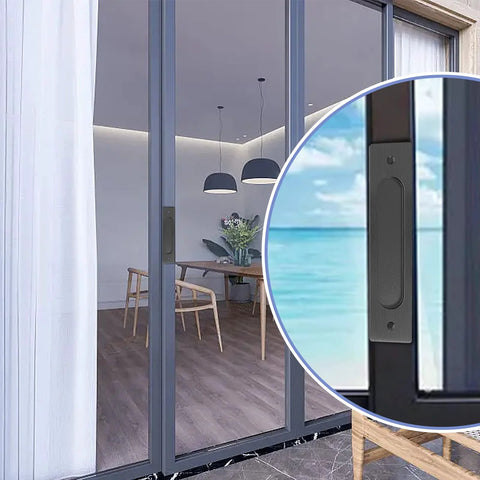 2 Pack 7 Inch Flush Pulls For Barn Doors Recessed Handle With Slim Rectangular Profile, matte black on sliding glass door close-up.