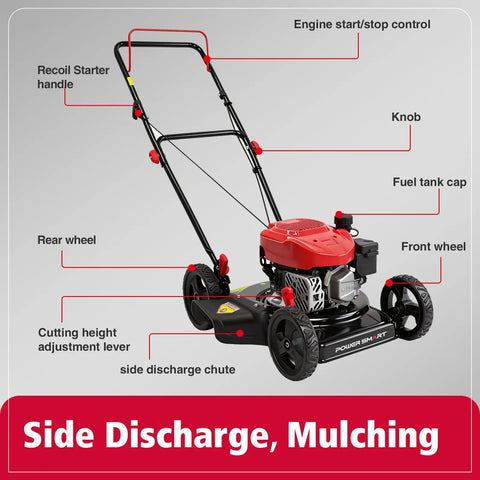 Easy Start 18 Inch Gas Lawn Mower With 144cc OHV Engine Steel Deck Side Discharge 5 Position Height Adjustment