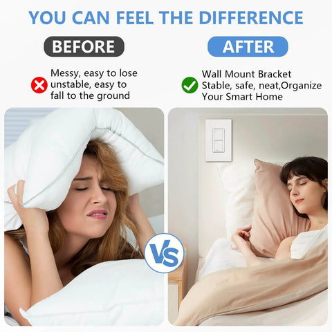 Comparison of messy and organized bedroom with Pico Remote Wall Plate Brackets 4 Pack Snap In Installation and sleeping woman