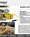 OilShield Next-Gen rubber air hose, 3/8 in x 15 ft, yellow coil with brass fittings for automotive use