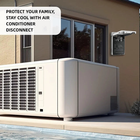 Heavy Duty Outdoor AC Disconnect Switch 30 Amp Pull Out Breaker For 120 240VAC Systems mounted next to an AC unit.