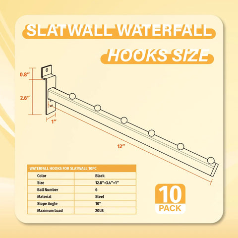 Diagram of 12 Inch Waterfall Slatwall Hooks 10 Pack for Clothing Retail Garage Shop Display Black 12 Degree Angled Slatwall Hangers.