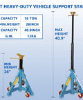 Beefy 16 Ton Heavy Duty Jack Stand With Wheels And Patented Handle Dual Interchangeable Tops For Trucks SUVs And Farm Vehicles Adjustable Height From 26 To 40.9 Inches 35,000 Lbs Capacity And Easy Mobile Setup shown with min and max height.