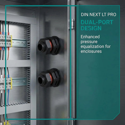 2 Pack IP68 Industrial Breather Vents M12x1.5 Thread Dual Port Pressure Equalization Valve installed in electrical cabinet.