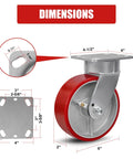 Rock Solid Six Inch Polyurethane Swivel Casters Heavy Duty Industrial Kingpinless Set Of Four With Seven Thousand Two Hundred Lbs Capacity For Moving Heavy Gear Daily dimensions diagram with measurements