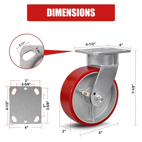 Rock Solid Six Inch Polyurethane Swivel Casters Heavy Duty Industrial Kingpinless Set Of Four With Seven Thousand Two Hundred Lbs Capacity For Moving Heavy Gear Daily dimensions diagram with measurements