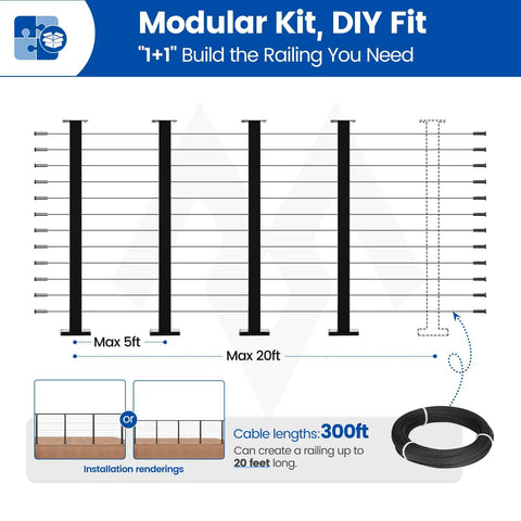 Diagram of 15 To 20 Ft Modular Black Cable Railing Kit With 42 Inch Posts 4 Level Post Kit showing installation setup and cable details.