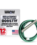 Replacement Temperature Sensor IID 009577F for Pool and Spa Heaters with 12 Month Warranty, shown unboxed with packaging.