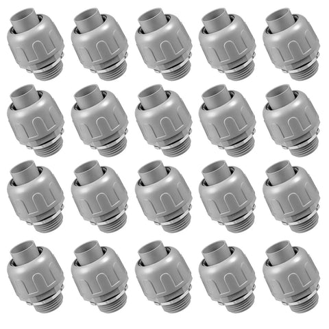 Twenty Pack Half Inch Liquid Tight Connectors Tough As Nails Nylon Flexible Conduit Fittings arranged in rows for outdoor electrical use.
