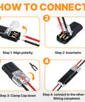Steps showing how to use Plug In Wire Connectors With Locking Buckle Two Pin Double Wire Connector No Stripping Solderless For Low Voltage LED Strip Lights Landscape And Automotive Polycarbonate 300V 9A AWG 22 18 See Through Cap.