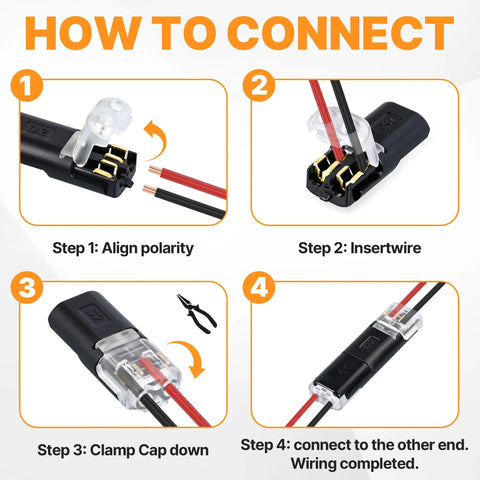 Steps showing how to use Plug In Wire Connectors With Locking Buckle Two Pin Double Wire Connector No Stripping Solderless For Low Voltage LED Strip Lights Landscape And Automotive Polycarbonate 300V 9A AWG 22 18 See Through Cap.