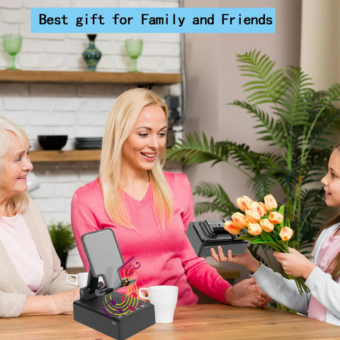 Two In One Bluetooth Speaker Phone Stand With Antislip Base And HD Surround Sound on table with family
