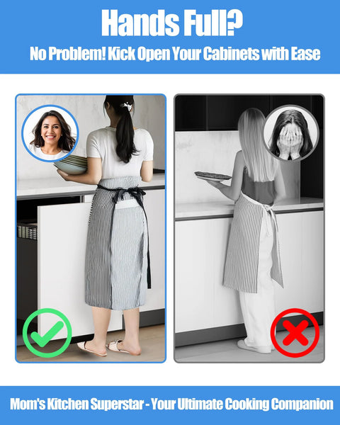 Comparison of using foot pull on trash cabinet drawer for hands-free operation in kitchen