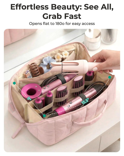 Hair Tool Organizer Travel Case For Dyson Airwrap And Shark FlexStyle, wide opening showing stored styling tools and accessories.