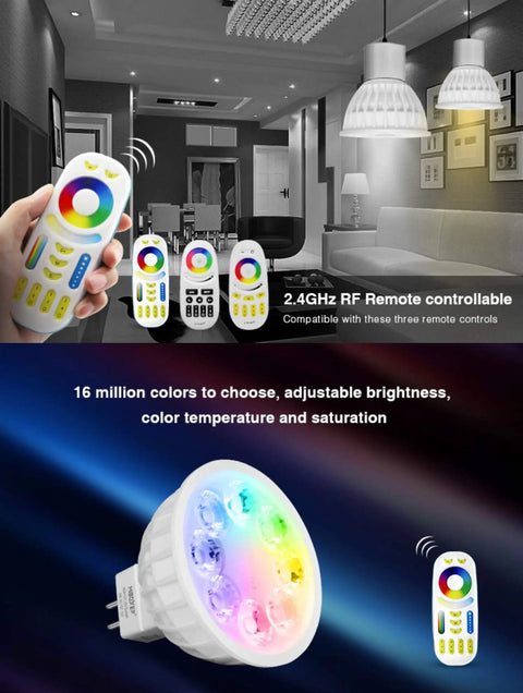 MR16 Color Changing LED Spotlight 4 Watt 4 Pack RGB Plus CCT Kit With FUT092 Remote showcasing color control and settings