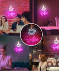 Coffee Cup LED Neon Sign For Home, Cafe, Bar, Or Office, Dimmable 3D Light Up Night Light Wall Decor in various settings.