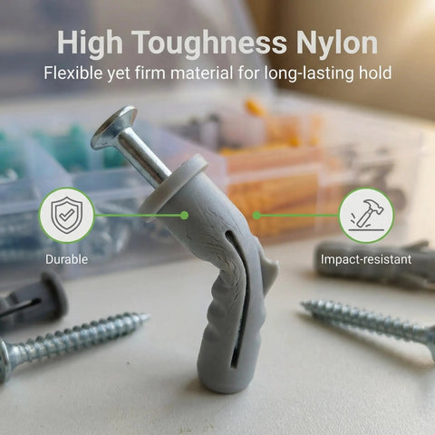 Close-up of high toughness nylon anchor from 200 Piece Drywall Anchors And Screws Set Ten Sizes Heavy Duty Plastic Wall Anchors And Carbon Steel Screws For Frame Art Decor Concrete And Drywall DIY Friendly Installations