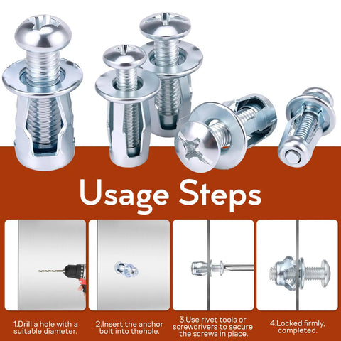 Petal Nut Jack Fasteners Kit 50Pcs M4 M5 M6 M8 Expansion Screws For Hollow Wall Sheet Metal Drywall And Thin Tubes Galvanized Carbon Steel Anchors Secure Load Distribution, usage steps