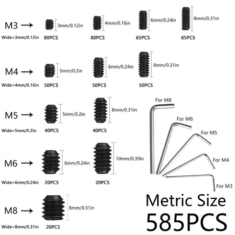 Image showing metric sizes in 1000 Piece Set Screw Assortment Kit With Metric And SAE Internal Hex Drive Cup Point Grub Screws 12 9 Grade Alloy Steel