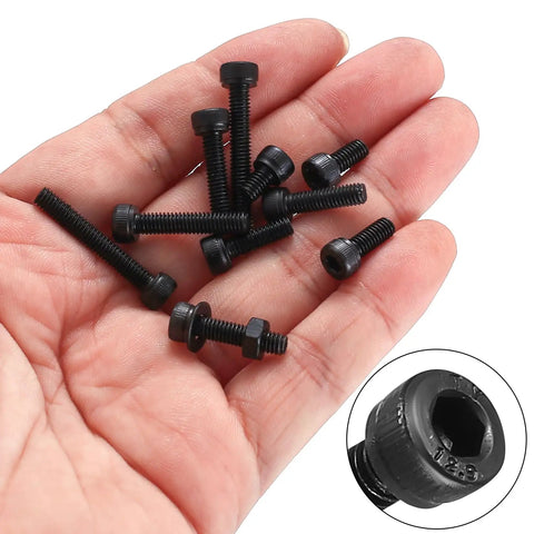 Metric M4 Hex Socket Head Cap Screws Bolts Nuts And Washers Assortment Kit featuring black 12.9 grade screws in a hand.