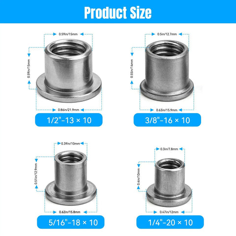 No Sweat T Shaped Weld Nut Assortment 40 Piece Steel Hardware Kit showing four sizes: 1/2"-13, 3/8"-16, 5/16"-18, 1/4"-20 for car mods.