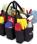 Heavy Duty 14 Inch Supply Bag With Rugged Construction And Water Resistant Exterior filled with cleaning supplies and tools