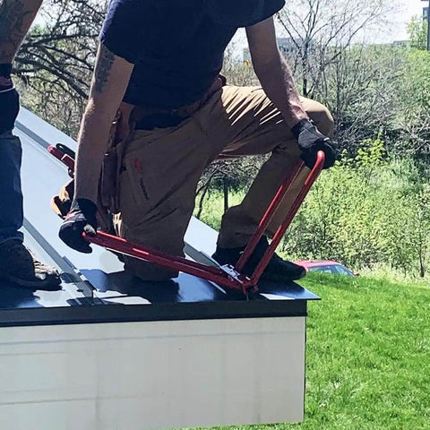 Worker using Hand Seamer For 2 Inch Mechanical Lock Panels, Anti-Scratch And Anti-Slip Roofing Tool for standing seam installation