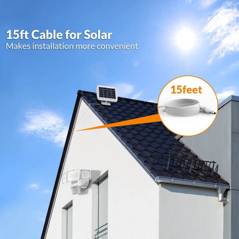 House roof with 15ft cable connected to solar panel and Solar Powered Motion Sensor Outdoor Light With 1600 Lumen White Flood Beams IP65
