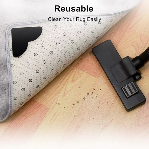 16 Pack Rug Corner Grippers For Hardwood Floors Keep Rugs From Sliding Down shown with vacuum on wood floor