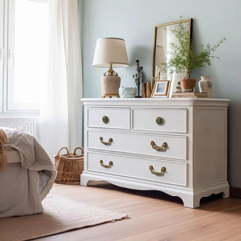 White dresser with 12 Piece Bail Handle Drop Pulls And Vintage Flower Cabinet Knobs in Antique Bronze Beaded Style.