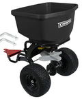 Tow-Behind Broadcast Spreader For Seed And Fertilizer, 150 Lb Capacity with dual impeller and enclosed bearings, seen from side