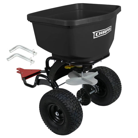Tow-Behind Broadcast Spreader For Seed And Fertilizer, 150 Lb Capacity with dual impeller and enclosed bearings, seen from side
