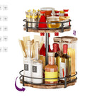 Two Tier Lazy Susan Organizer With Adjustable Heights For Countertop Spice Rack And Kitchen Organization, full loaded view.