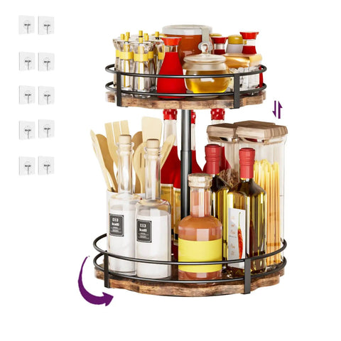 Two Tier Lazy Susan Organizer With Adjustable Heights For Countertop Spice Rack And Kitchen Organization, full loaded view.