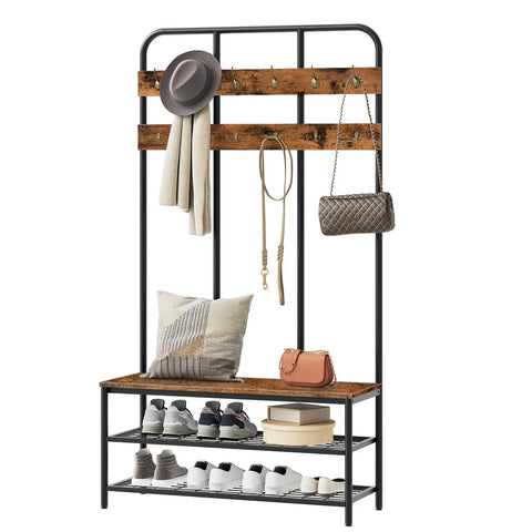 Spacious Rustic Brown Hall Tree With Bench And Coat Rack All In One Mud Room Storage With 12 Double Hooks And Shoe Organizer For Foyer