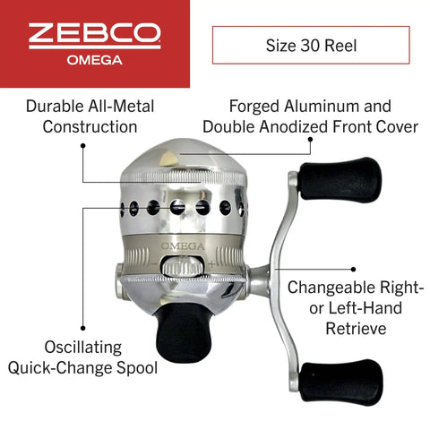 Omega Spincast Fishing Reel Size 30 With Pre Spooled 10 Pound Line Adjustable Right Or Left Hand Retrieve 7 Bearing System Soft Touch Thumb Button Aluminum Front Cover Double Anodized Finish Silver