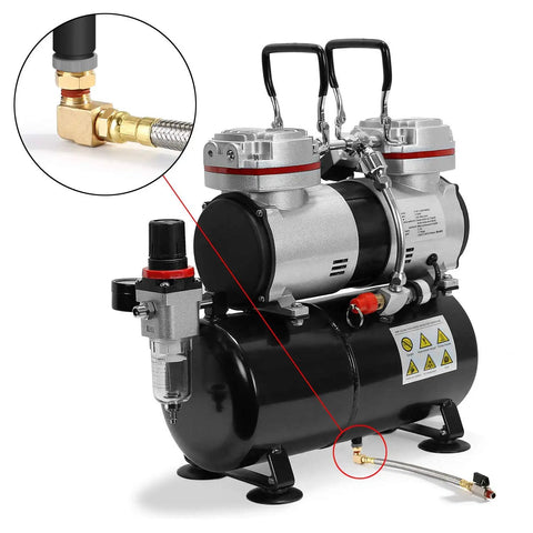 Installed Air Compressor Tank Drain Assembly Kit With 10 Inch Braided Steel Hose One Quarter Inch Drain Valve Elbow Fitting And Brass Hex Adapter