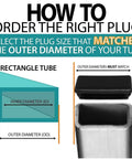Image explaining how to order Heavy Duty Black Rectangle Tube End Caps 20 Pack Square Plastic Furniture Glides based on tube size.