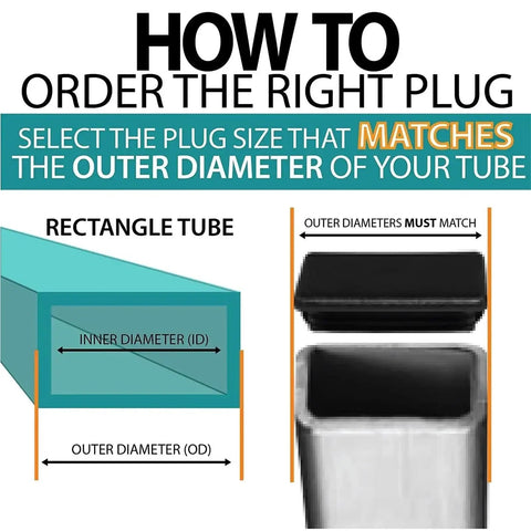 Image explaining how to order Heavy Duty Black Rectangle Tube End Caps 20 Pack Square Plastic Furniture Glides based on tube size.