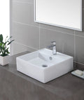 White Square Ceramic Sink With Pop Up Drain And Overflow, Chrome Finish, Scratch-Resistant Non-Porous Glazed Surface in bathroom
