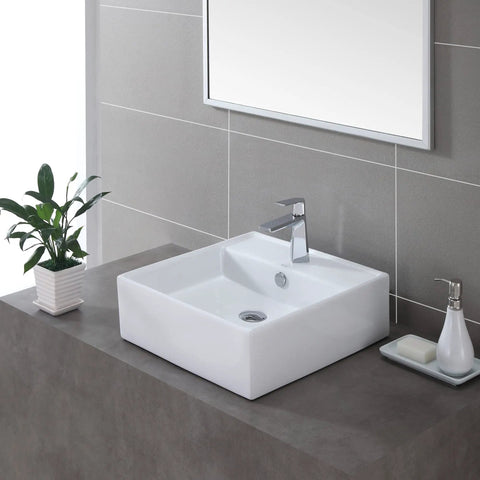 White Square Ceramic Sink With Pop Up Drain And Overflow, Chrome Finish, Scratch-Resistant Non-Porous Glazed Surface in bathroom